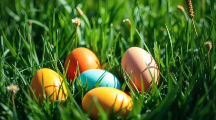 vibrant Easter eggs hidden in grass easter morning | generative AI