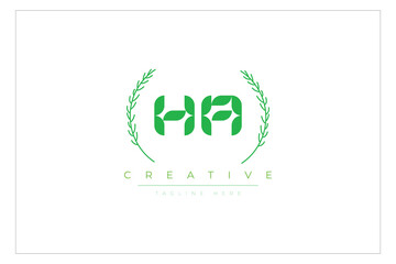 HA letters eco logo with leaf. Fresh nature and healthy leaf logo design.