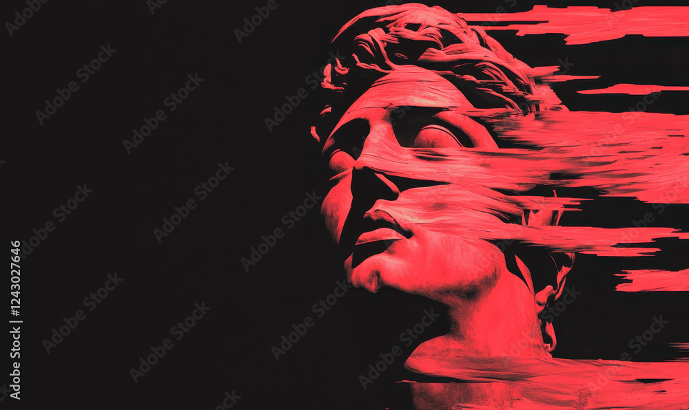Poster dramatic abstract portrait of classical sculpture rendered in intense red with dynamic brushstroke e