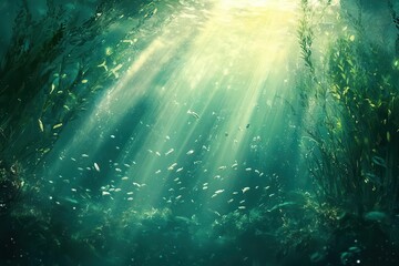 ethereal underwater landscape with swaying emerald seagrass, dancing light rays, schools of tiny silver fish