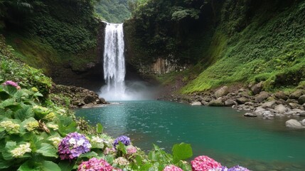 Fototapeta premium A serene waterfall surrounded by lush greenery and colorful flowers.