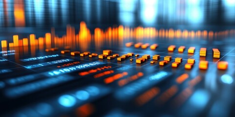 Bright orange bars highlight data points in a dynamic visualization set against a dark backdrop. The activity showcases trends and analytics in a contemporary digital workspace