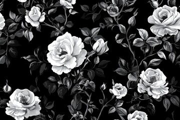 Black and white floral pattern featuring elegant roses and foliage in intricate detail for textiles or home decor design