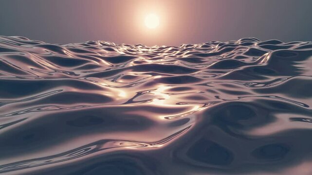 a surreal landscape with flowing, silky waves reflecting warm sunset light. A