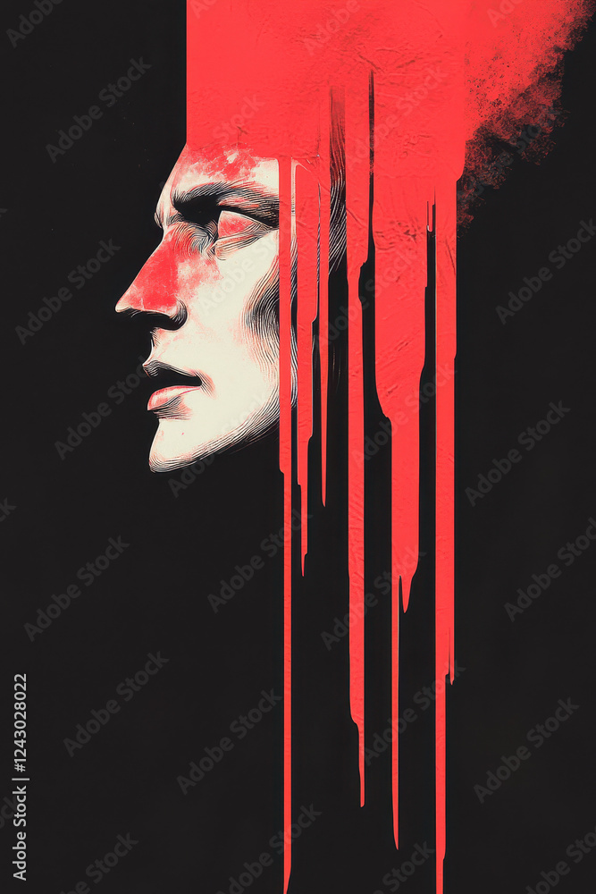 Aufkleber abstract portrait in red: a powerful expression of emotion and intensity in modern art form