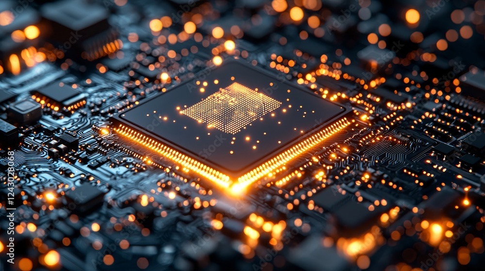 Poster close-up image of a microchip on a circuit board, displaying complex details and glowing connections