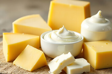 Assorted dairy products on rustic background. A variety of dairy products including cheese, cream, and butter displayed on a rustic cloth, perfect for World Milk Day promotions