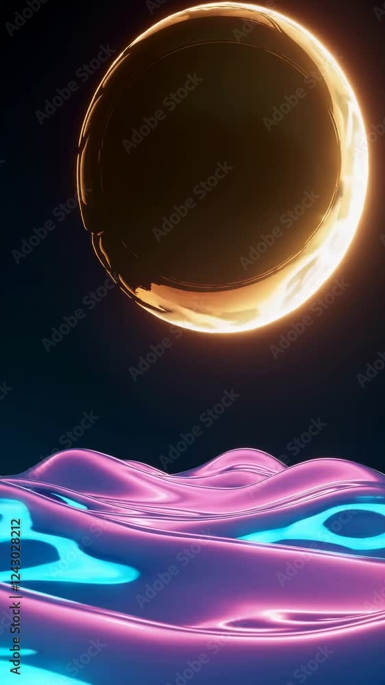 Poster a glowing golden orb floating above a futuristic landscape with flowing pink and blue waves.