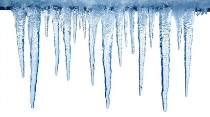 Icicles hanging from a surface, glistening in light against a white background.