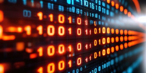 A close-up view of a digital screen filled with vibrant binary code, showcasing data processing in a tech-savvy environment during nighttime