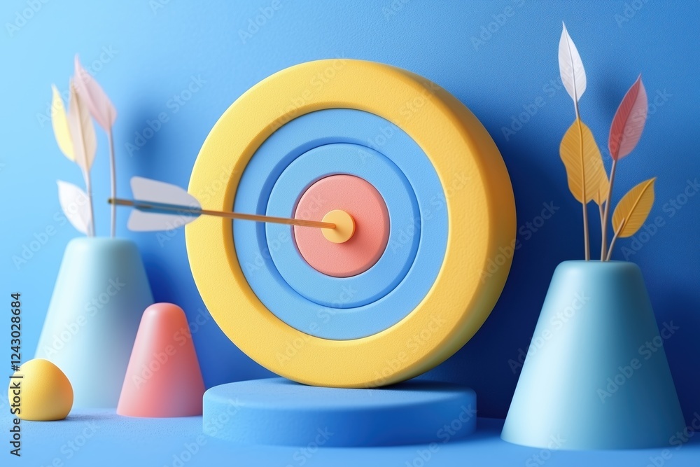 Poster a colorful target with concentric circles, an arrow hitting the center, surrounded by abstract shape