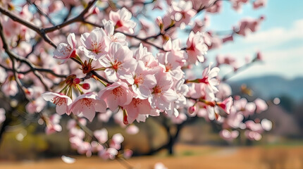 Fototapeta premium blooming cherry blossoms in a picturesque landscape, pastel petals drifting in soft morning light wallpaper desktop | generative AI