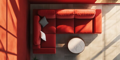 Red L Shaped Sofa With White And Grey Pillows