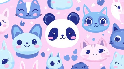 Obraz premium Cute animal faces pattern digital art whimsical design pink background fun style