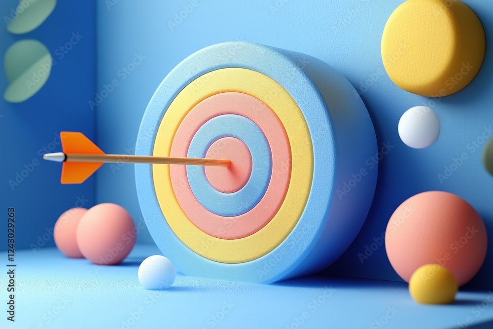 Poster a colorful 3d target with concentric circles in pastel colors, featuring an orange arrow embedded in