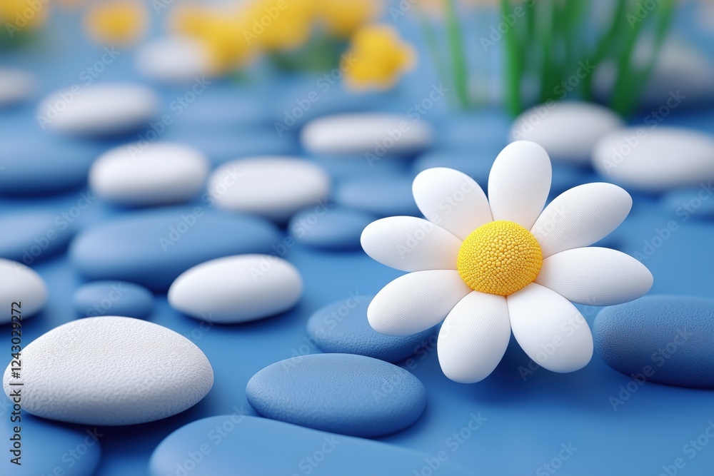 Poster a close-up view of a daisy flower surrounded by smooth pebbles on a blue surface. the scene is seren