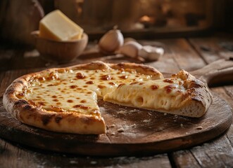 Photo of a pizza with cheese on a wooden background, one piece cut out and in front of it is a round board for the pizza on which there will be a slice of delicious mozzarella cheese pizza.