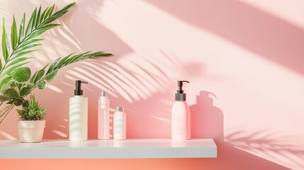 Decorative arrangement of skincare products on a shelf with a pink wall and plant in soft sunlight during the afternoon