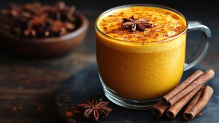 Delicious Golden Milk With Spices Served in a Clear Mug. Generative AI