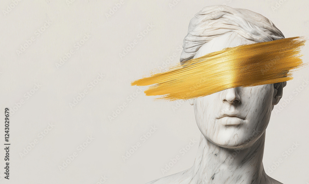 Poster exploring the intersection of classical sculpture and modern abstract art with a bold golden brushst