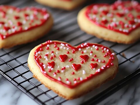 A heart-shaped cookie with red icing and white sprinkles