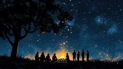 Campers gather around a campfire under a starry night sky in the wilderness at a remote location