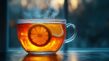 Steaming Cup of Herbal Tea With Lemon Slices at Sunset. Generative AI