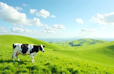 Holstein cow on a lush green pasture. A horizontal photograph of a black-and-white Holstein cow standing on a green hill under a bright blue sky with scattered clouds. 