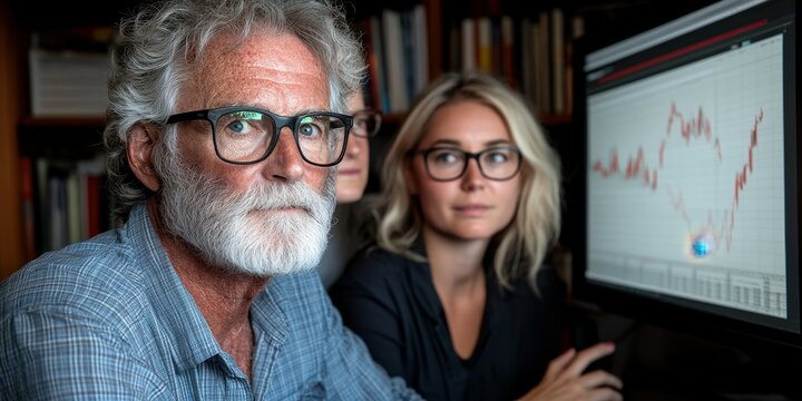 In a warm-lit office, a man and woman closely examine stock market trends on a computer screen, engaged in discussion and analysis during the evening hours