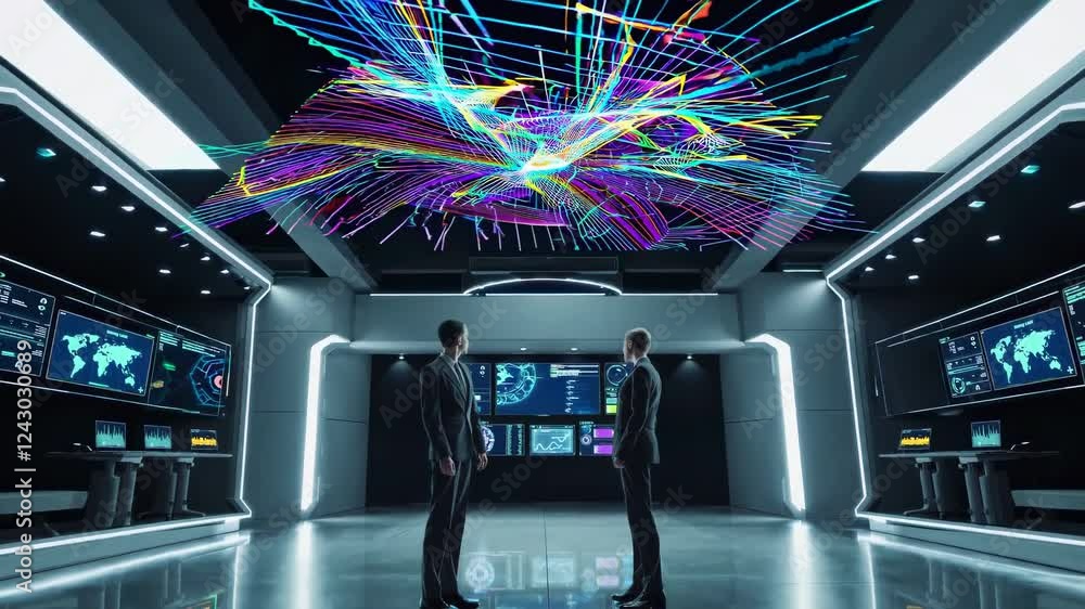 Poster advanced technology visualizations in a modern control room showcasing real-time data analysis and s