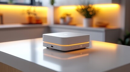 Modern wireless device on a kitchen countertop with ambient lighting and plants in background
