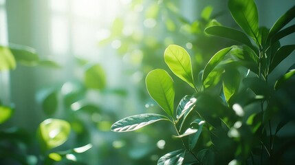 Obraz premium Indoor plants in home, close-up of vibrant green plants in sunlight, soft background