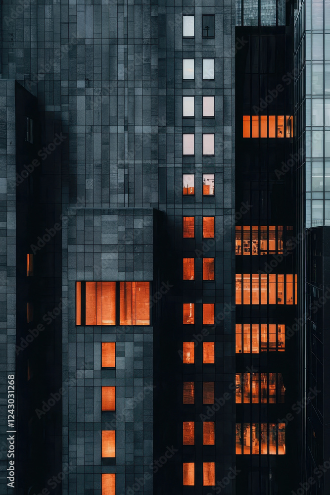 Poster striking urban architecture with illuminated windows creating a symmetrical and modern nighttime fac