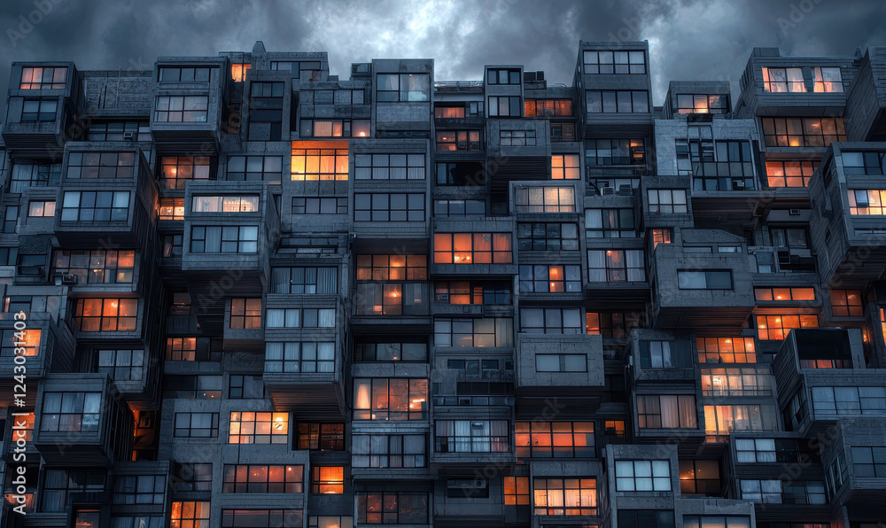 Poster illuminated urban architecture at night: mesmerizing view of a modern building facade with glowing w