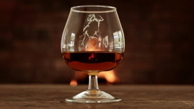 A glass of brandy with a wildebeest logo on the glass and a fire burning behind
