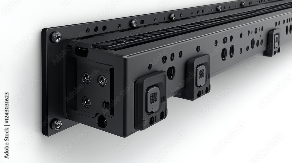 Poster close-up of a sleek, modern sliding rail system mounted on a wall, showcasing its design and functio