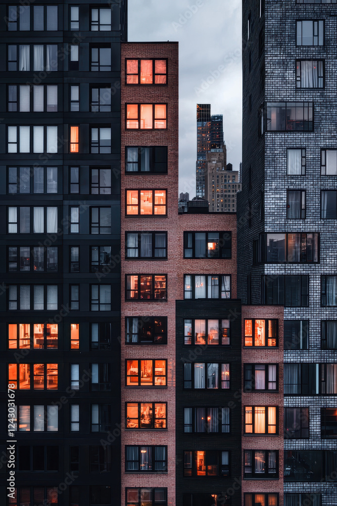 Poster captivating urban evening cityscape with illuminated modern skyscrapers and reflections creating a s