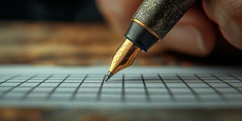 In a warm, inviting workspace, a hand grips a decorative fountain pen poised above the grid-lined paper, eager to record thoughts and ideas during the quiet morning hours