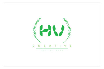 HV letters eco logo with leaf. Fresh nature and healthy leaf logo design.