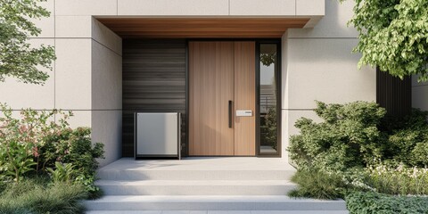 battery storage sustainability management concept. Modern entrance with wooden door and greenery surrounding the porch.