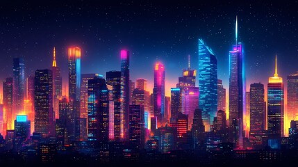 Vibrant night skyline futuristic city digital art urban landscape aesthetic viewpoint technology concept