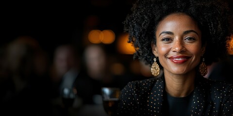 A woman with curly hair and elegant earrings enjoys a joyful moment at a lively gathering in a dimly lit venue. Her warm smile adds to the vibrant atmosphere