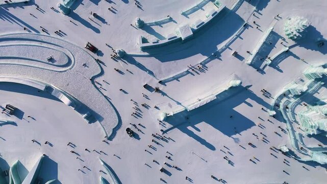 Top-down drone shot of Harbin Ice Festival sculptures and ice block with snow in Harbin, Heilongjiang, China