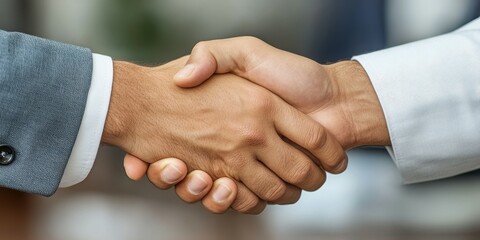 Obraz premium Two business professionals meet in a well-lit office, exchanging a firm handshake to signify the conclusion of a collaboration agreement after a productive discussion