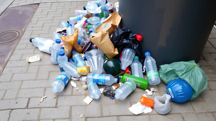 Fototapeta premium Garbage on the sidewalk, including water bottles and plastic bags, is dirty and blocks the walkway. It's caused by people not throwing it into the bin. Generative AI