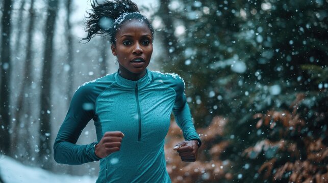 Runner in a snowy forest, wearing a blue jacket, focused on her workout in winter conditions.