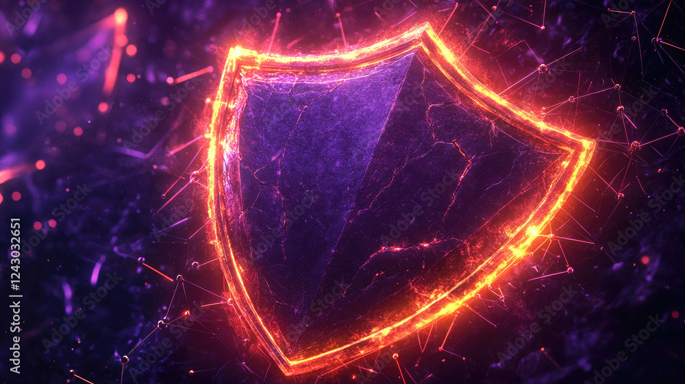 Poster a digital shield icon with a glowing edge, surrounded by network connections, representing strong cy