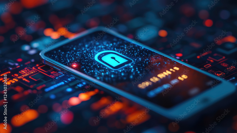 Poster a lock icon hovering over a credit card and smartphone, symbolizing secure online payments and trans
