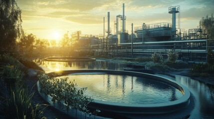 Naklejka premium Photography of industrial wastewater treatment in urban areas evening landscapes & impact