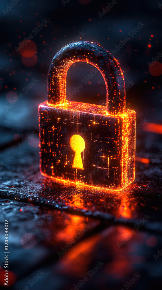 Poster a glowing digital padlock in a dark environment symbolizes cybersecurity and data protection ideal f